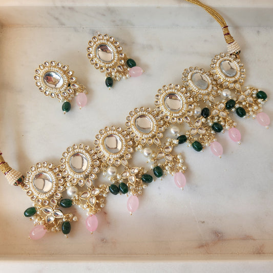 Choker Necklace Set with Gold-Tone Finish in Light Pink and Green