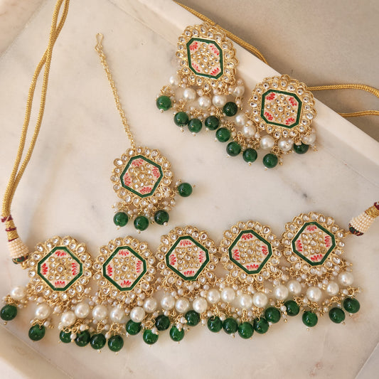 Meenakari Necklace set with tikka in green Colour