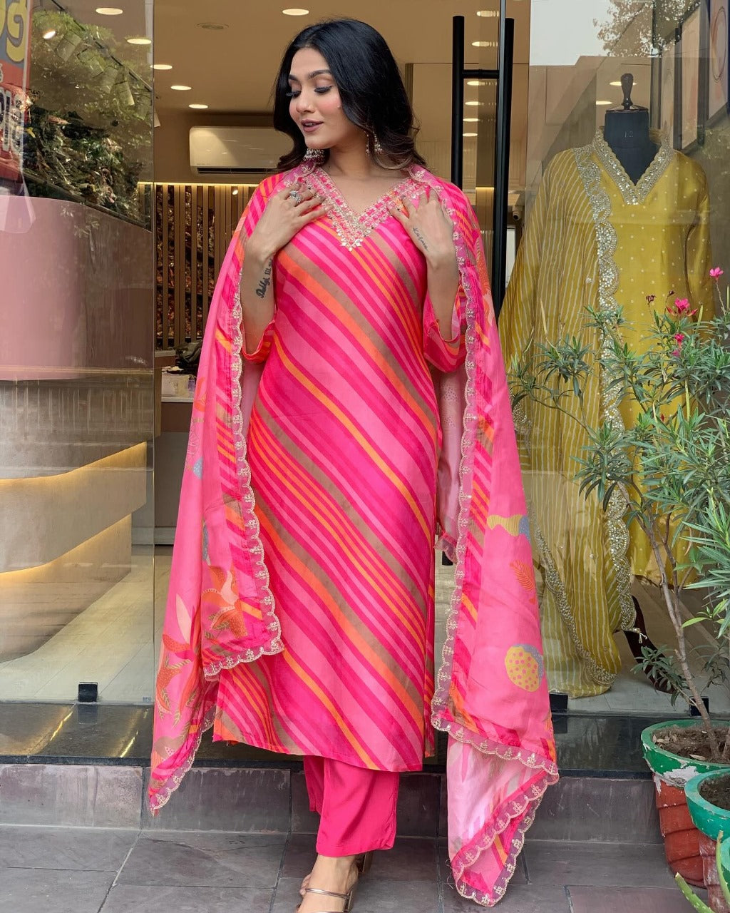 Pink suit with pants and dupatta