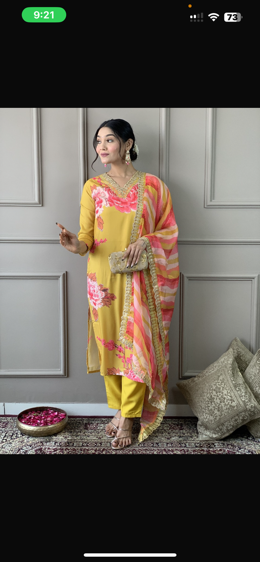 Yellow Floral suit with Multicolour dupatta