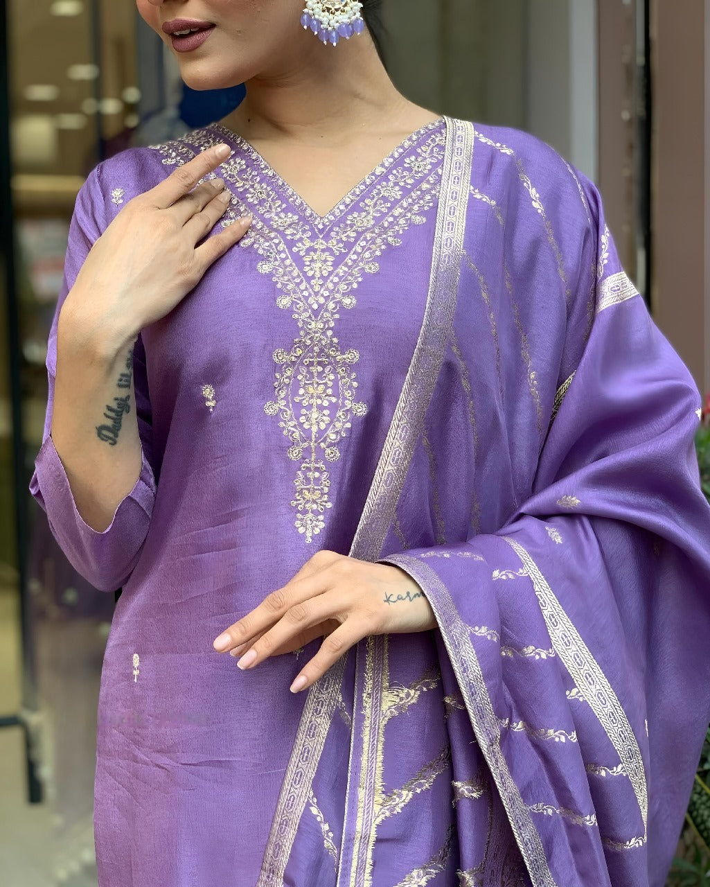 Lavender colour suit with dupatta