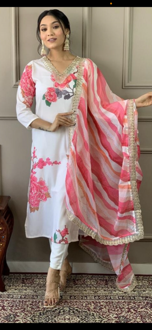 White Floral suit with Multicolour dupatta