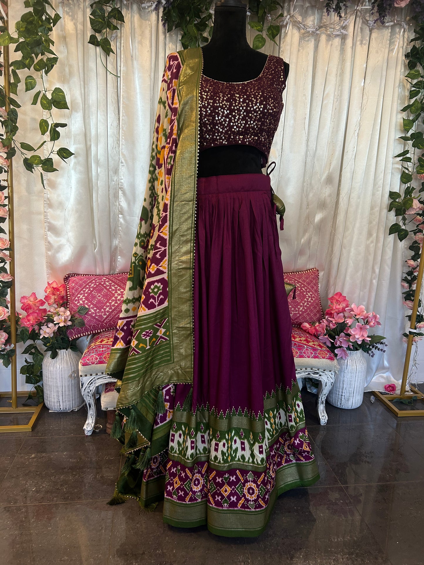 Maroon Tussar silk Lehenga with readymade blouse