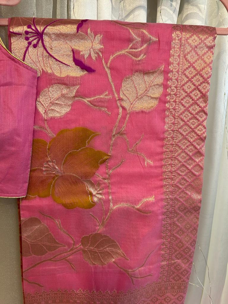 Pink Kabana Linen Saree with Blouse