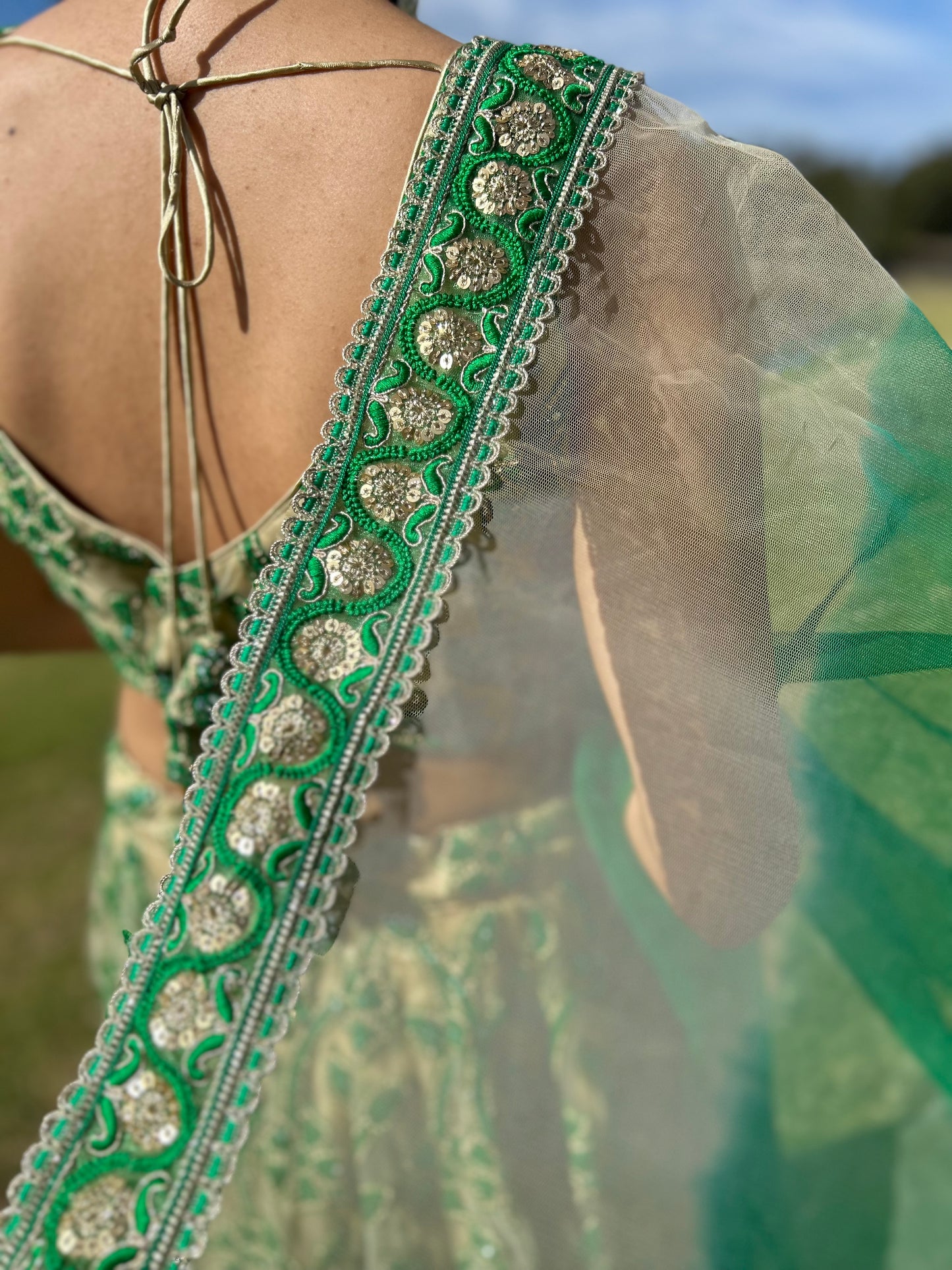 Green and Beige Net Lehenga with Blouse and Net Dupatta
