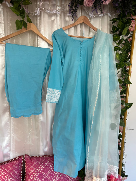 Blue Cotton Suit with Organza Dupatta