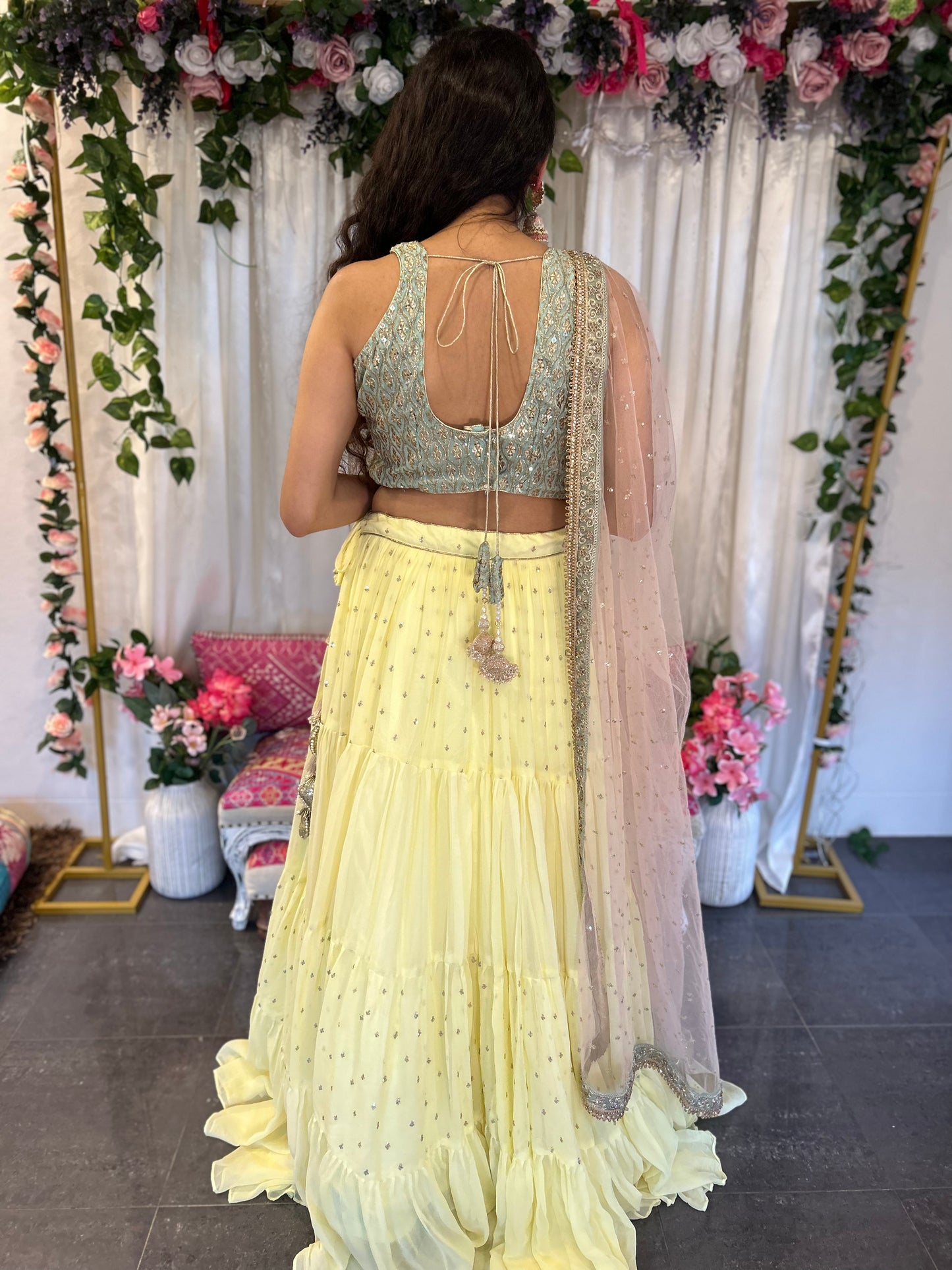 Light Lemon Layered Lehenga with Heavy blouse and Net Dupatta