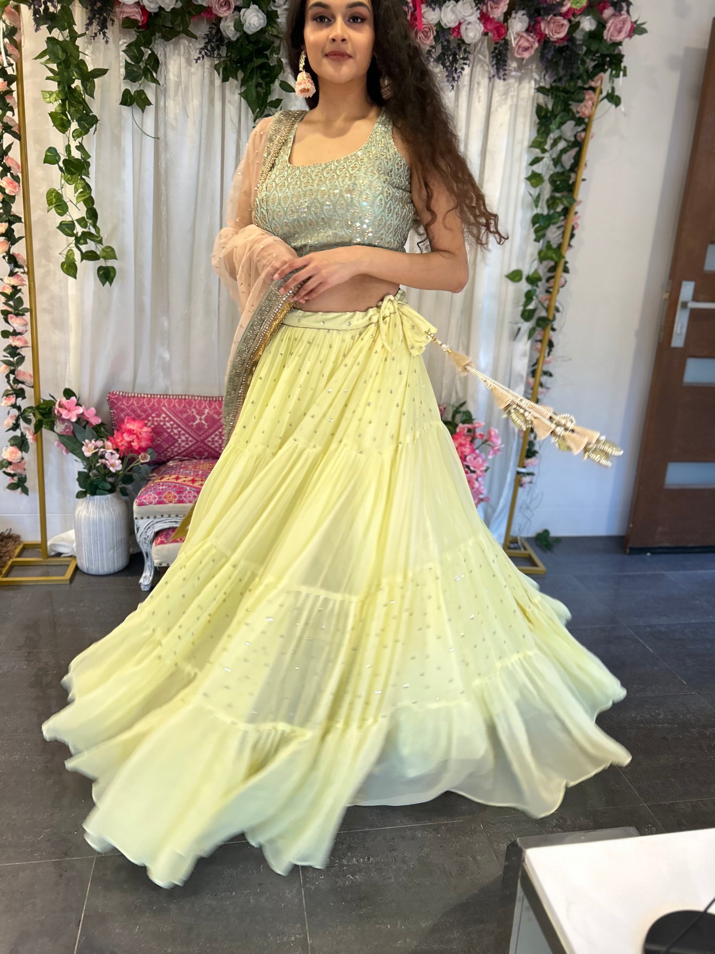 Light Lemon Layered Lehenga with Heavy blouse and Net Dupatta