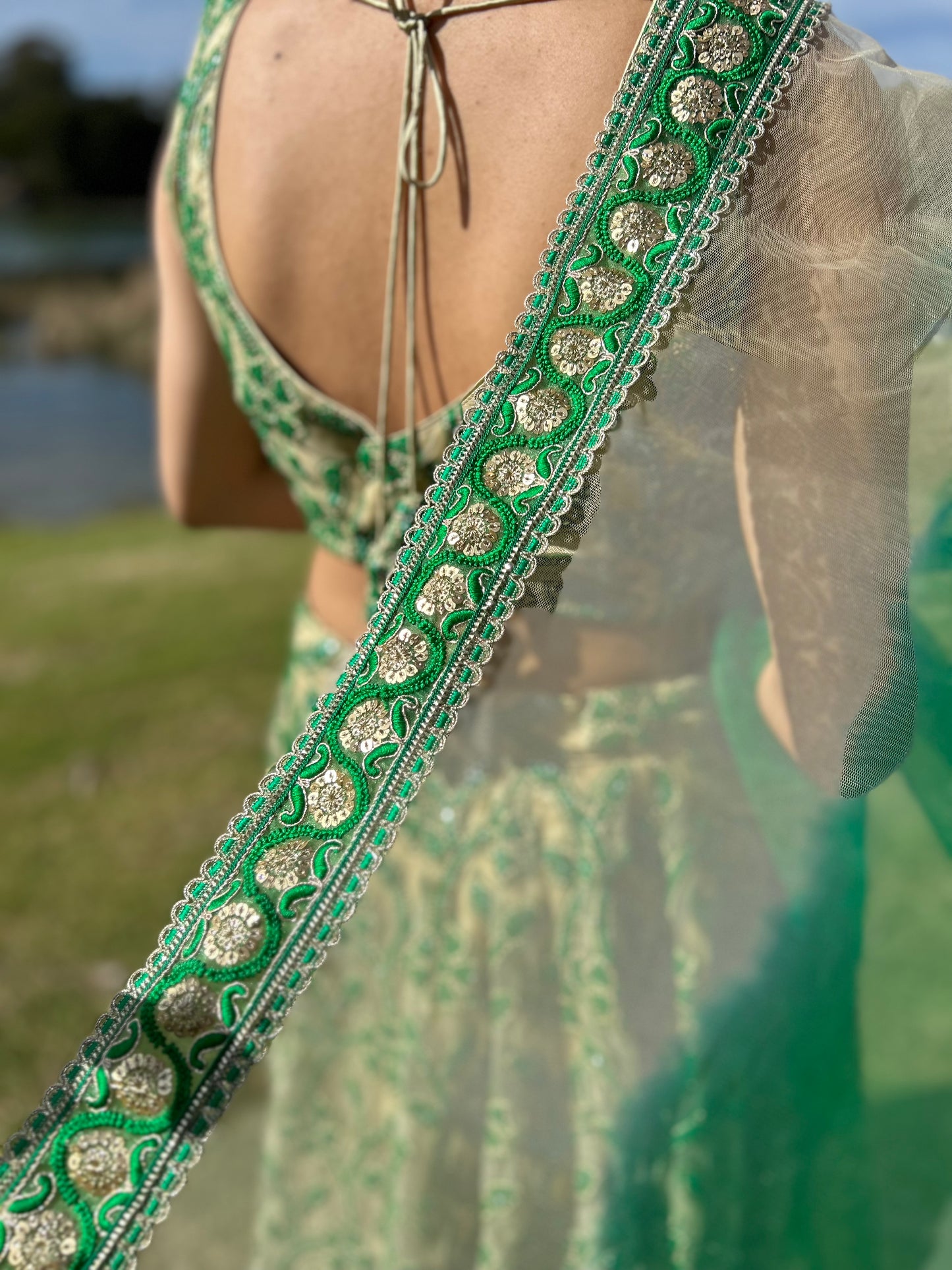 Green and Beige Net Lehenga with Blouse and Net Dupatta