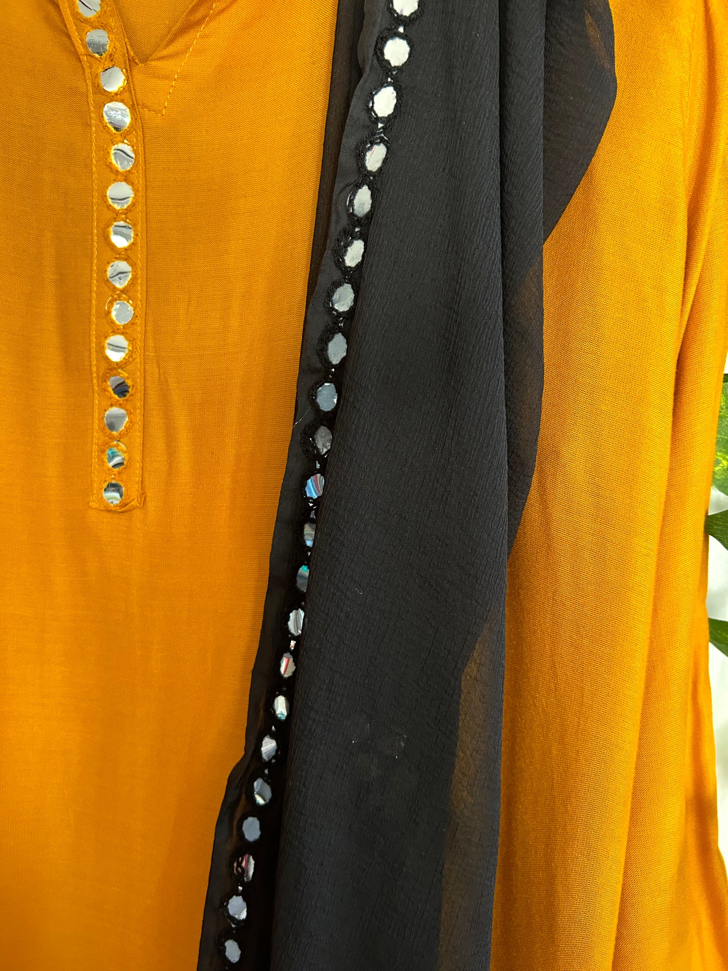 Mustard Mirror work suit with Black Mirror work Dupatta