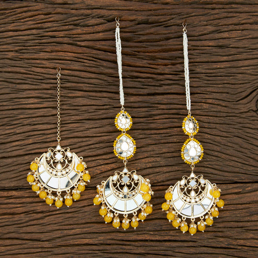 Mirror Design Earrings with Tikka in Yellow