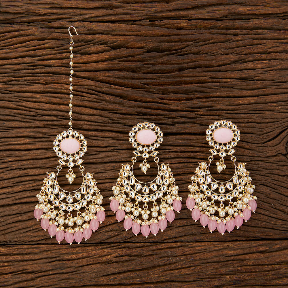 Golden Square Mirror Earrings & Maang Tikka Set