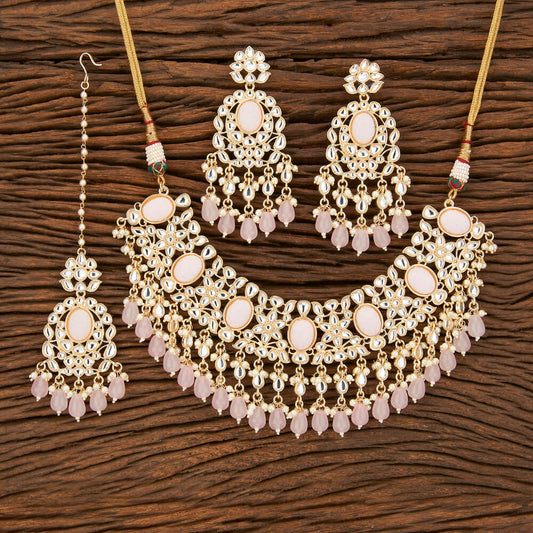 Classic Pink Stone Necklace Set with Tikka