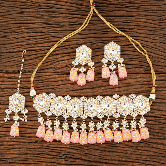 Classic Necklace Set with Tikka - Light Pink