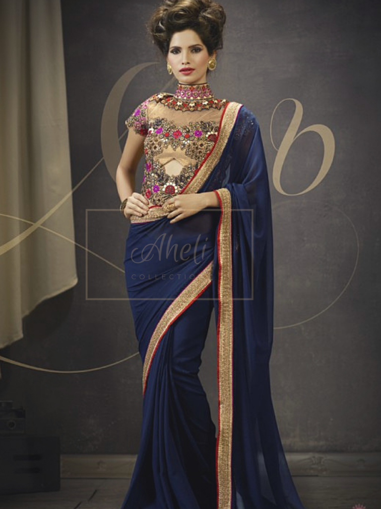 Navy and Heavy Blouse High Neck Saree