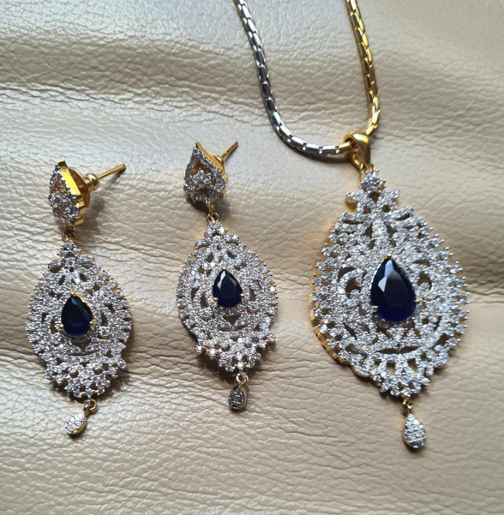 Navy Blue American Diamond Pendant Set