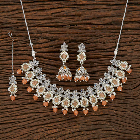 Peach and Pearls Silver Necklace Set with Tikka