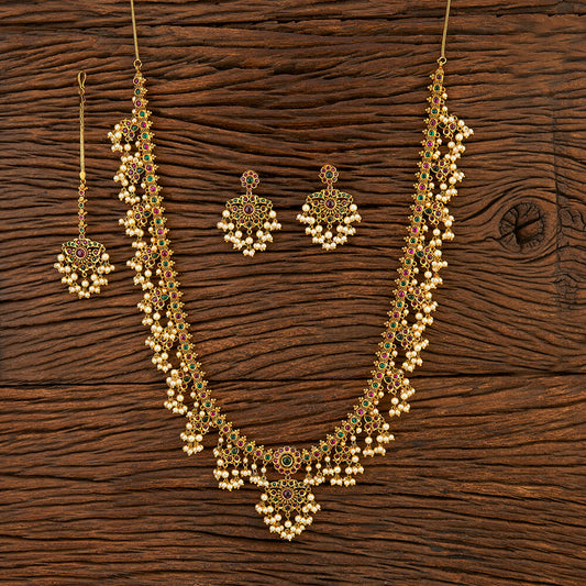 Gold, Green and Ruby Temple Necklace Set with Tikka