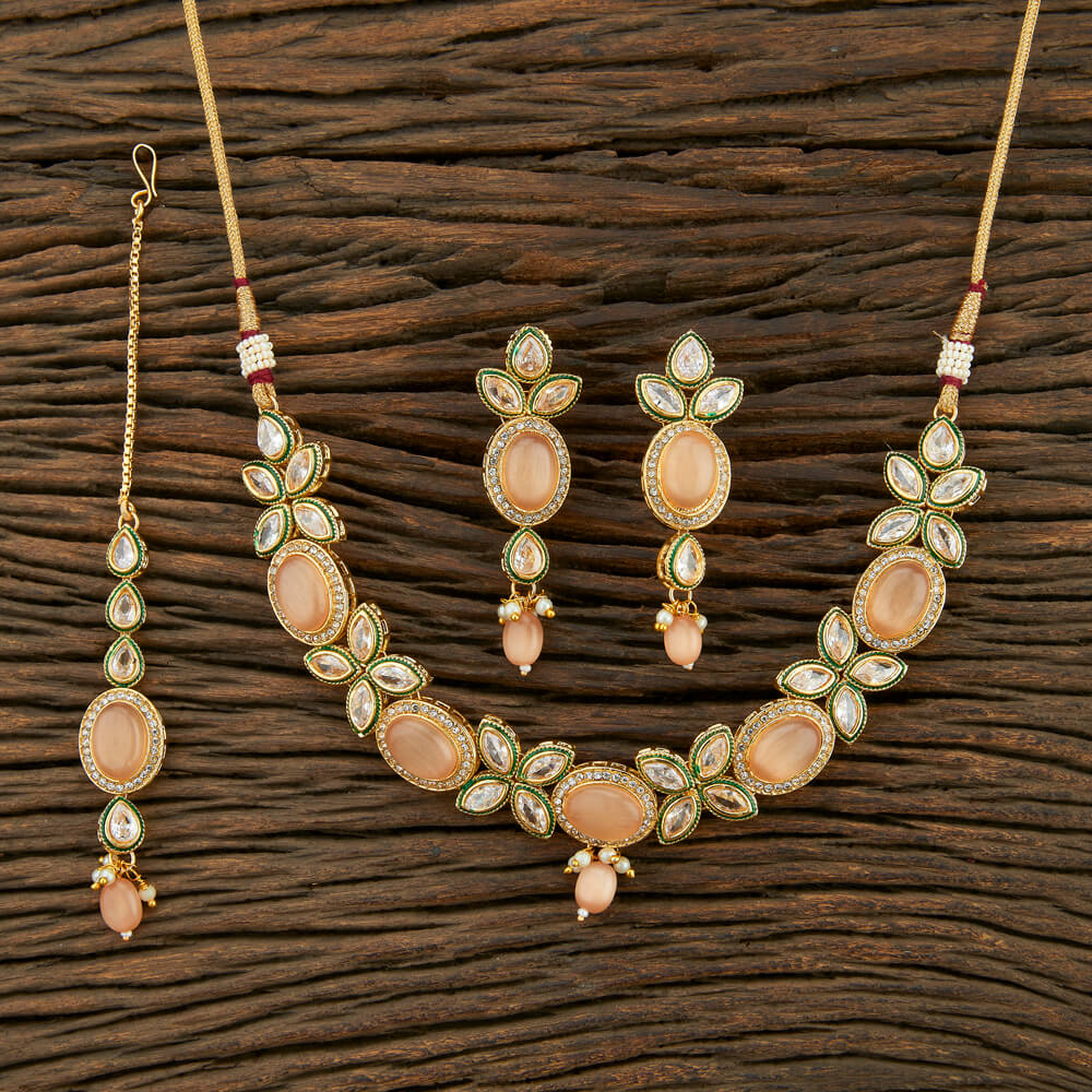Peach Monalisa Stone Necklace With tikka
