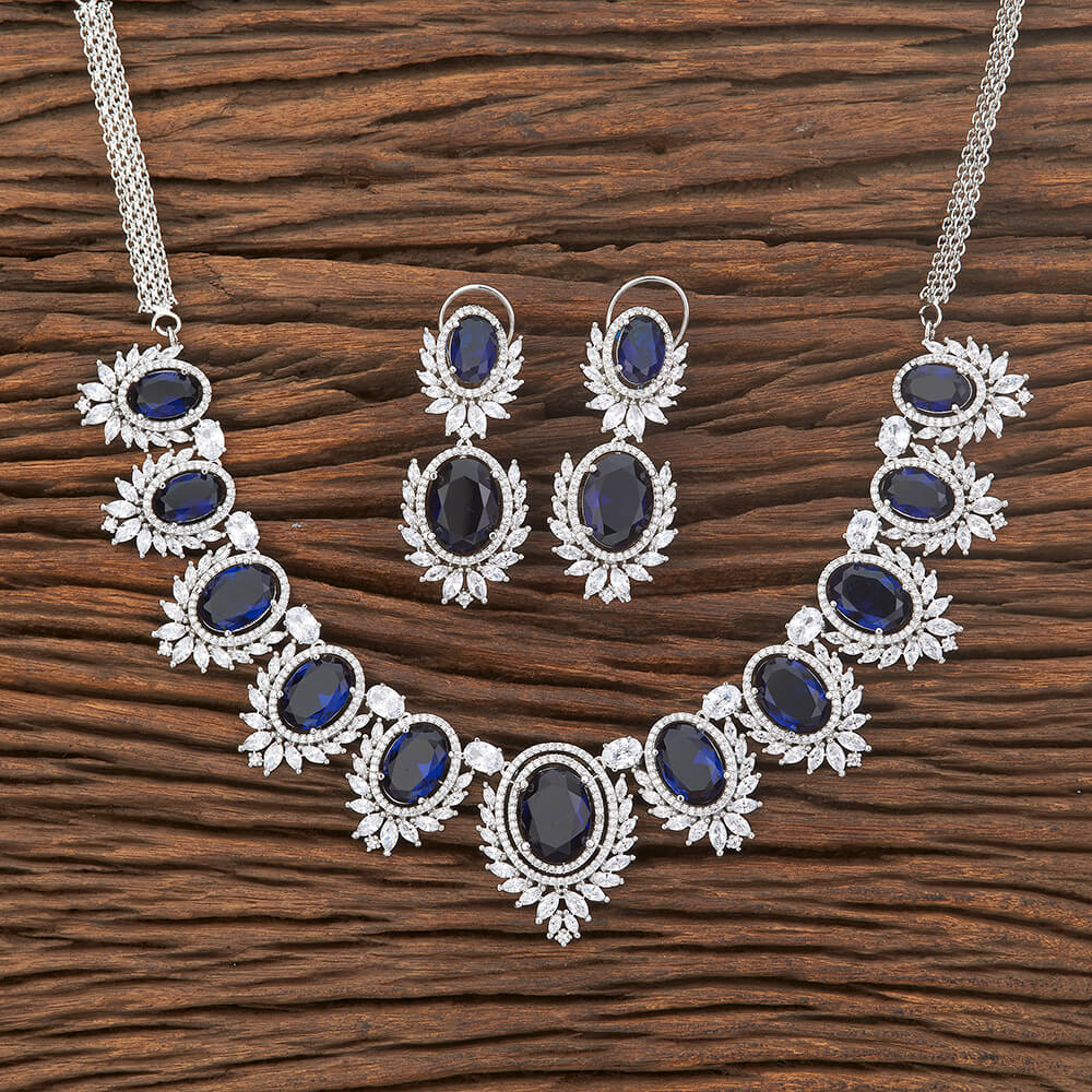 American Diamond Classic Necklace Set With Rhodium Plating and Navy Blue Stone