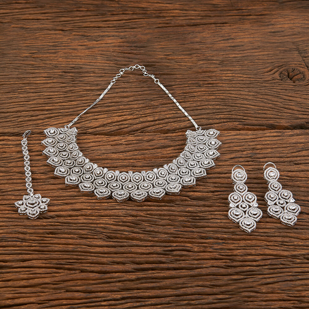 American Diamond Mukut Necklace Set with Tikka in Silver Tone