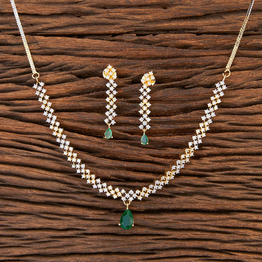Cubic Zirconia Classic Necklace set With 2 Tone Plating white stones and green drops.