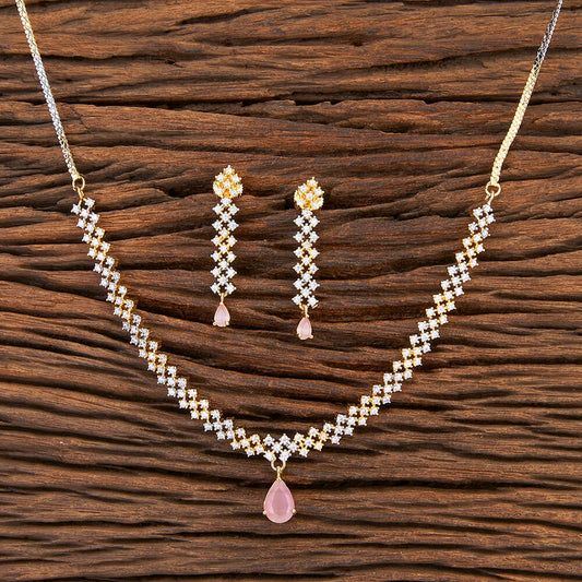 Cubic Zirconia Classic Necklace set With 2 Tone Plating white stones and pink drops
