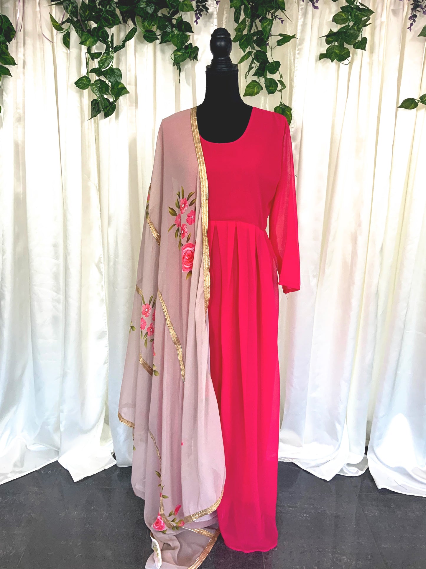Magenta Gown with Floral Dupatta