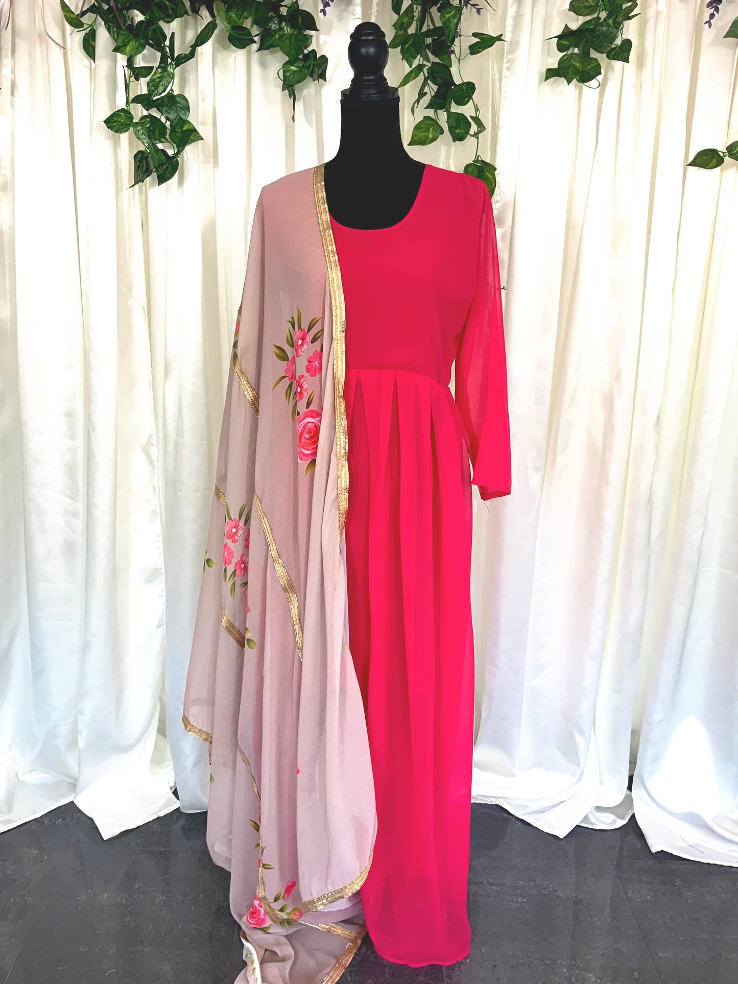 Magenta Gown with Floral Dupatta