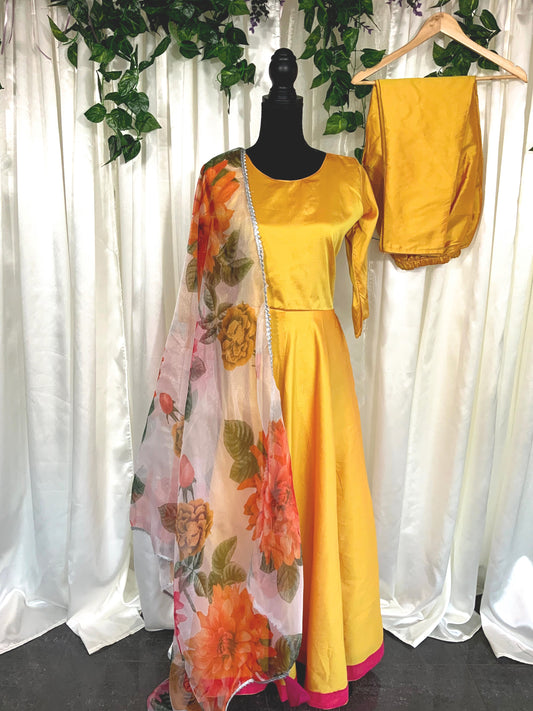 Mustard Yellow Gown with Floral Dupatta