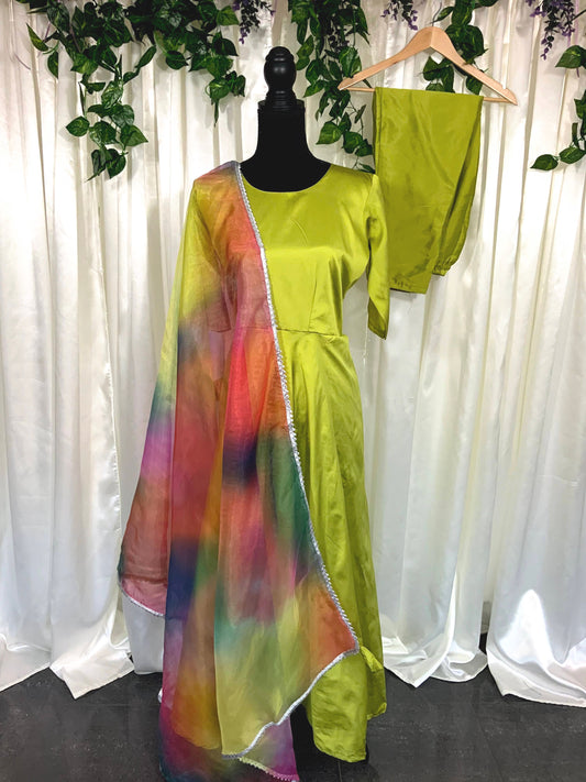 Neon Lime Green Gown with Colourful Dupatta