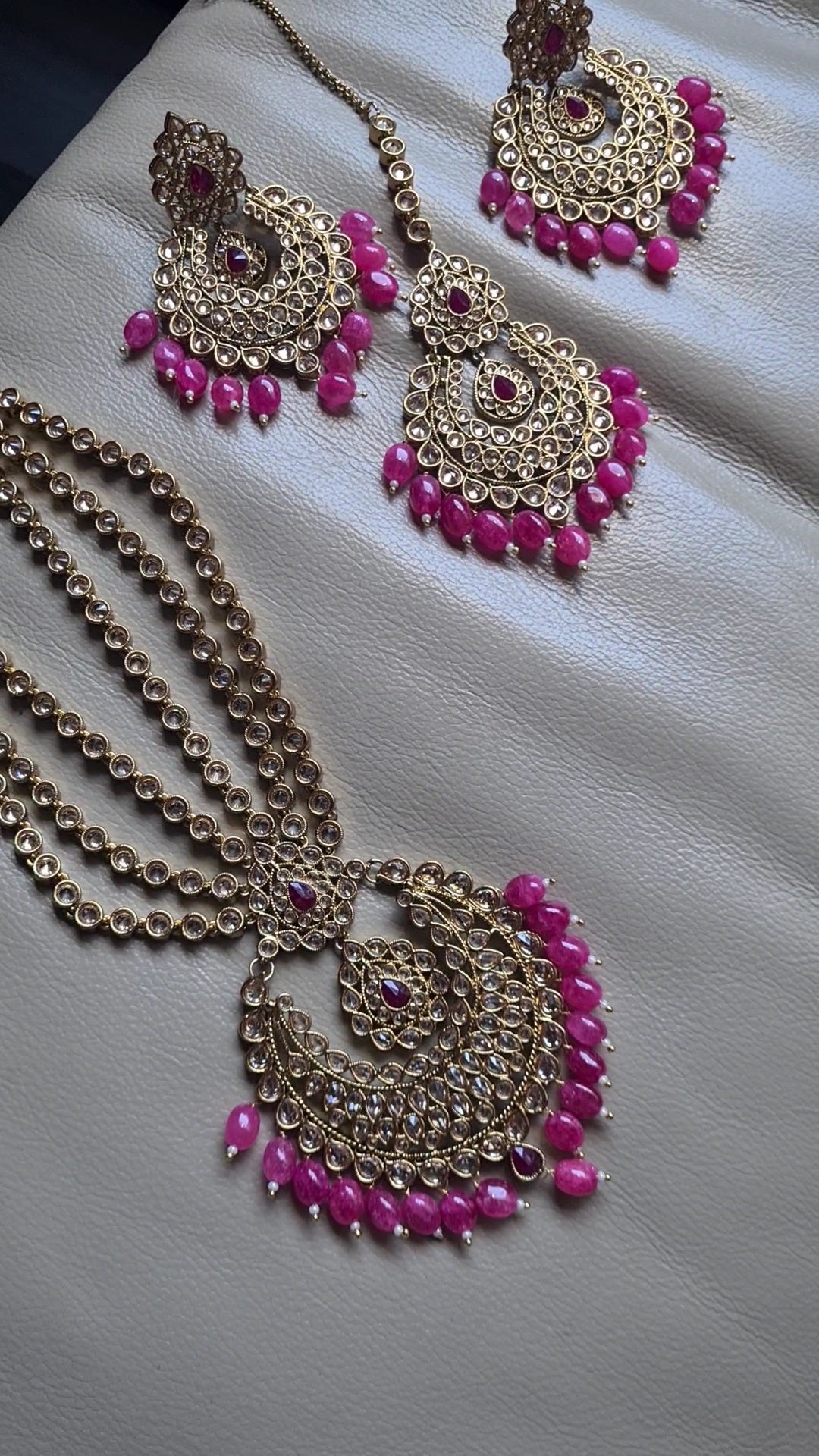 Ruby Pink Bridal Necklace Set (with Tikka)