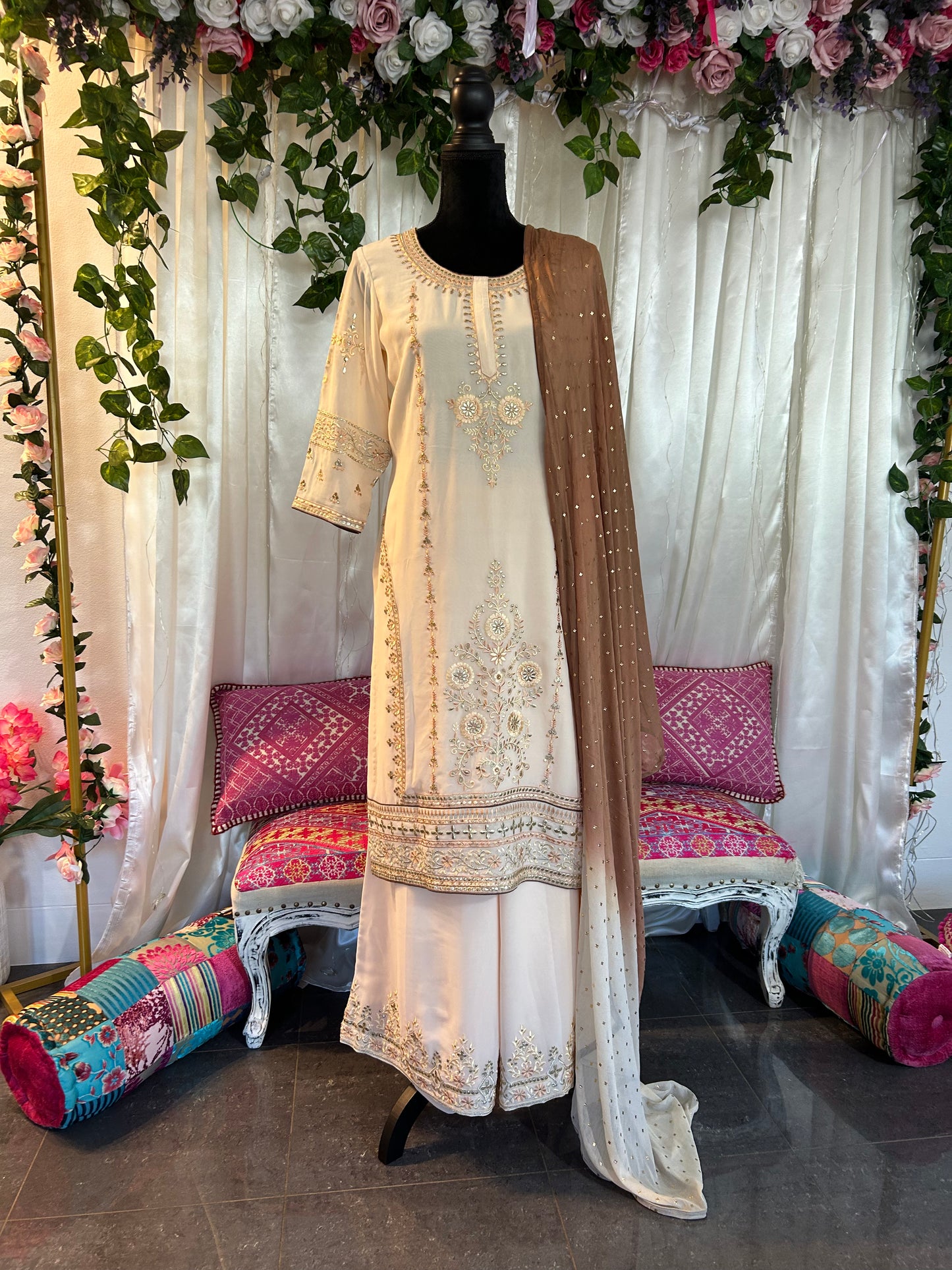 Beige Sharara suit with Embroidery
