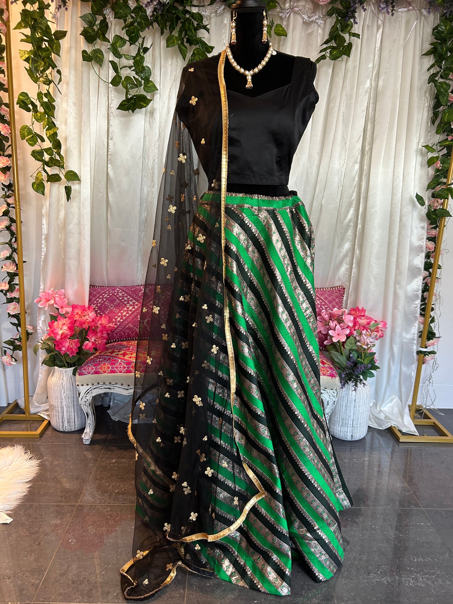 Green and Gold Lehenga with Blouse and Dupatta