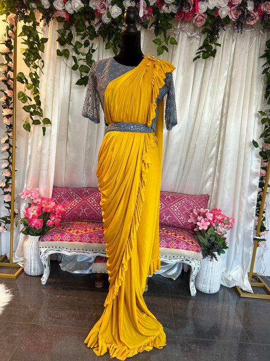 Mustard Readymade Saree with Grey Sequin Blouse
