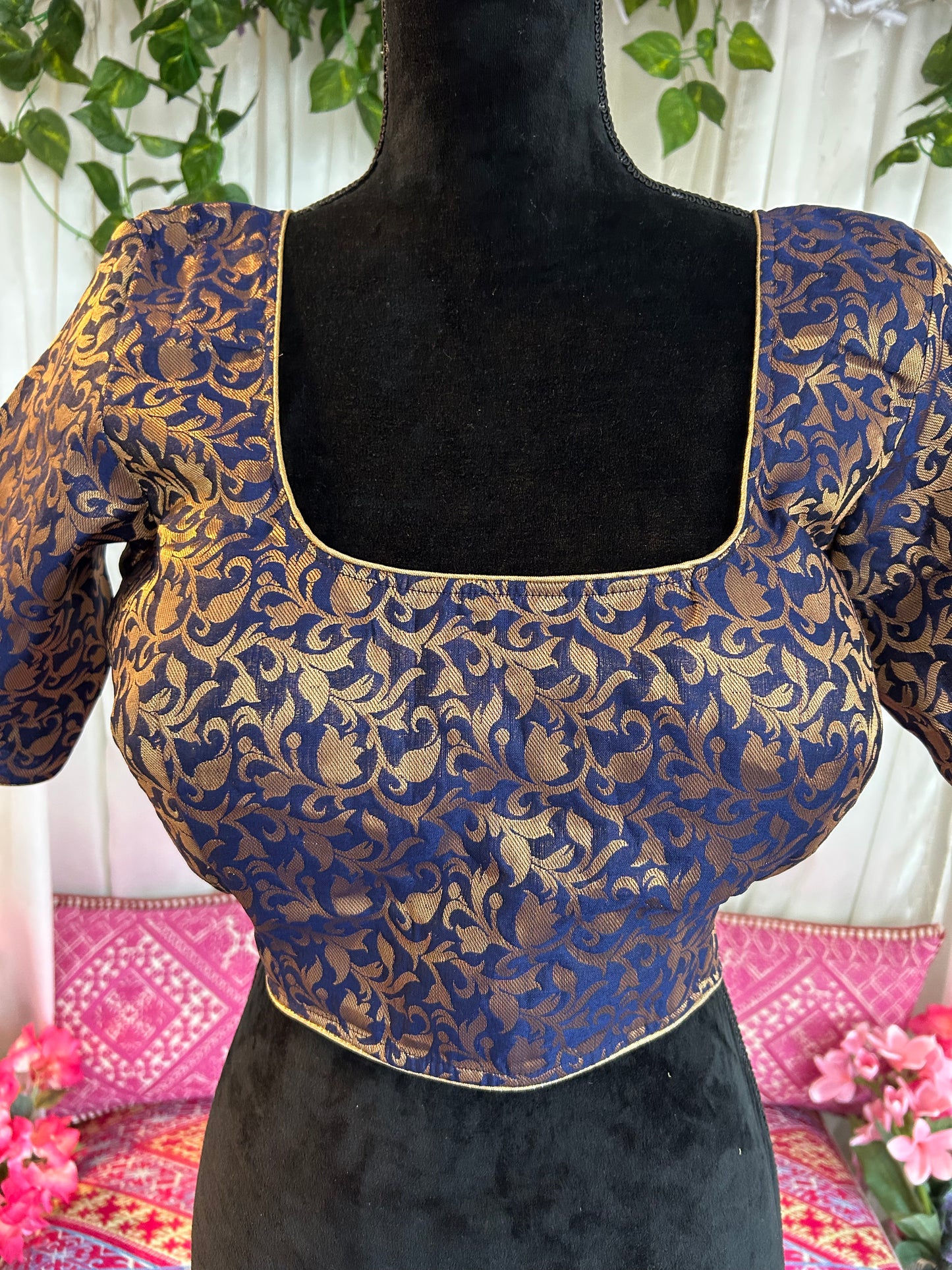 Navy Blue and Gold Brocade Blouse