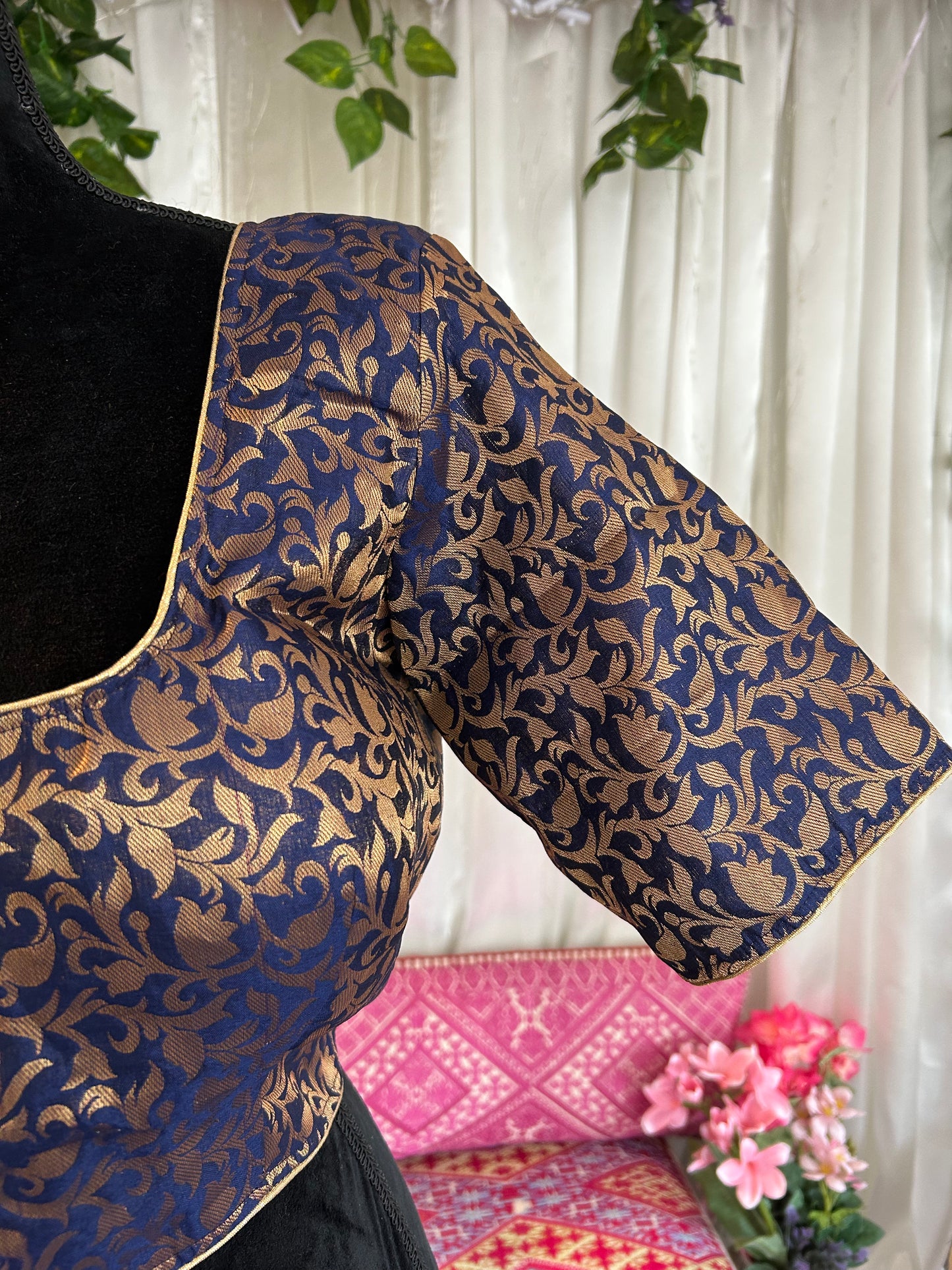Navy Blue and Gold Brocade Blouse