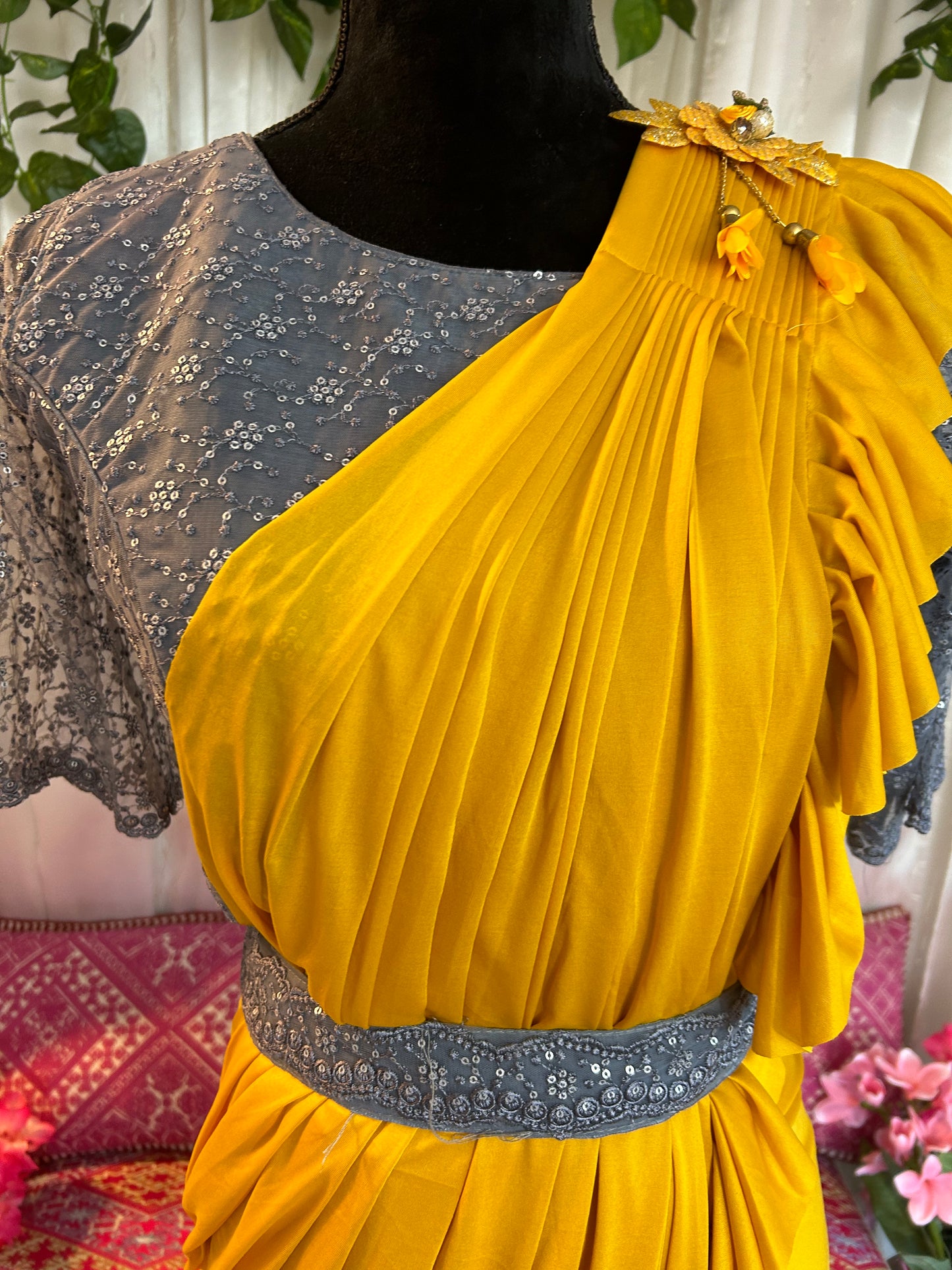 Mustard Readymade Saree with Grey Sequin Blouse